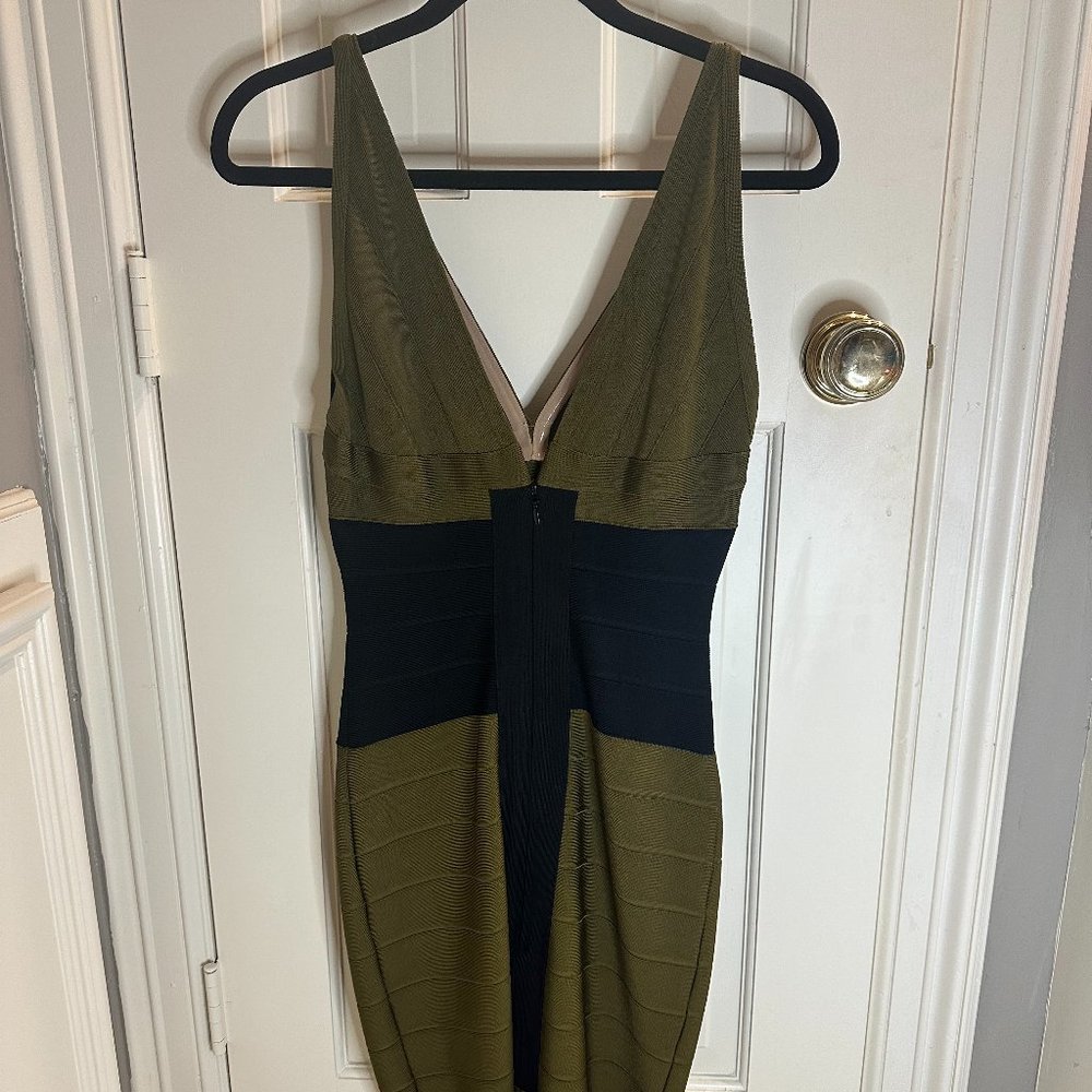 Herve Leger Olive and Black Mini Dress - Picture 2 of 5